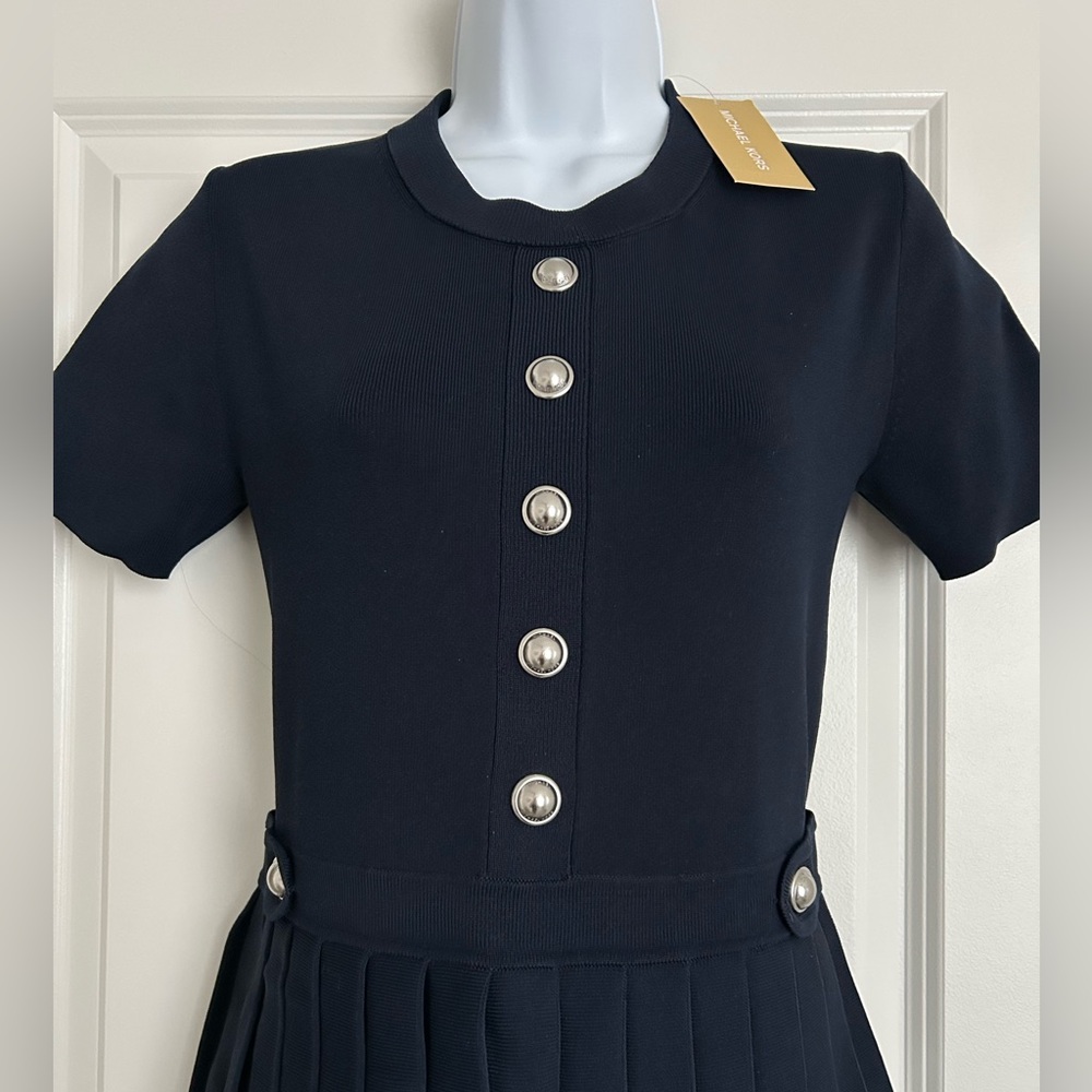 NWT Michael Kors Navy Stretch Knit Pleated Mini Dress Size Medium - Picture 3 of 6